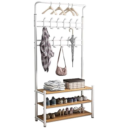 Garderobenständer mit Sitzbank, Kleiderständer Garderobe Metall mit Schuhregal 3 Ablagen und Doppelhaken für Kleidung Hüte Schale egenschirm, Industrie-Design 80x30x190cm von Bawgwgwy