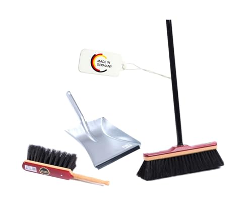 BawiTec Echt-Rosshaar Qualitäts-Kehrset,Besen 30cm,Handfeger 28cm,2tlg. Holz-lackiert,Teleskopstiel verstellbar,Metall-Kehrschaufel verzinkt mit Lippe,sehr weiche Borsten,Rosshaarbesen Set mit Stiel von BawiTec
