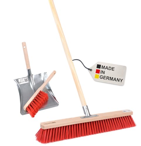 BawiTec Qualitäts Straßenbesen Kehrset, 50cm Breit/Lang, mit Stiel, Handfeger 28cm und Metall-Kehrblech, robuste rote Elaston-Kunststoffborsten, inkl. Holzstiel Ø28mm Länge 140cm, Komplett-Set von BawiTec