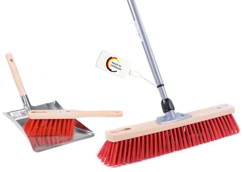 BawiTec Qualitäts Straßenbesen Kehrset 40cm Breit Kehrgarnitur mit Teleskopstiel verstellbar max. 200cm rote Elaston-Kunststoff-Borsten inkl. Handfeger 28cm Metall-Kehrblech mit Holzgriff Besen Set von BawiTec