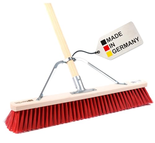 BawiTec Profi Straßenbesen mit Spezial Stielstabilisator und Stiel,80cm x 140cm Breite x Länge,rote Elaston-Kunststoff-Borsten,robuster Besen,Kehrbesen,Straßenfeger mit Holzstiel,Zusatzhalterung von BawiTec