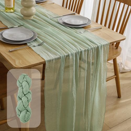 Gaze-Tischläufer, 304,8 x 88,9 cm, Sommer, Boho, rustikal, Bauernhaus, Western-Käsestoff, Tischdecke für Hochzeit, Party, Babyparty, Brautparty, Zuhause, Feiertagsdekorationen, 305 x 89 cm, Salbeigrün von Bawnhaw