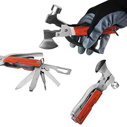 BAYLI 11 in 1 Camping Multitool Hammer + Axt | Edelstahl Campingwerkzeug | Multifunktionswerkzeug mit Notfallhammer und Zange | Survival Messer, Säge | Kombi-Werkzeug Schraubendreher Flaschenöffner von Bayli