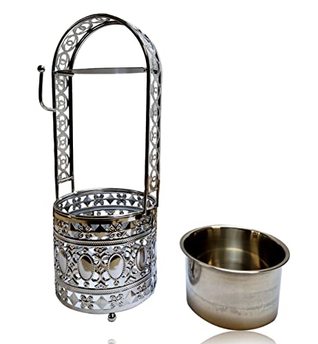 Bayli Shisha Kohlebehälter | Gesamthöhe - 32 cm - Kohlekorb für die Shisha, Wasserpfeife Kohle | Grillkohlekorb mit Zangenhalter | Charcoal Basket - Silber | Kohlezubehör für Shishas & Wasserpfeifen M von Bayli