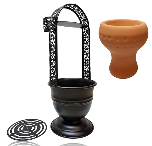 Bayli Shisha Kohlebehälter inkl. Tonkopf | Kohlekorb mit Tabakkopf für die Shisha, Wasserpfeife Kohle | schwarzmatt - Höhe [35 cm] | Grillkohlekorb mit Zangenhalter | Charcoal Basket | Kohlezubehör von Bayli