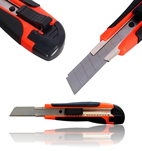 Cuttermesser 18mm Klingenbreite | scharfe Cuttermesserklingen | Teppichmesser für Heimwerker | Paketmesser | Allzweckmesser mit Klingenfixierung | Profi Kartonmesser [ergonomischer Griff] von Bayli