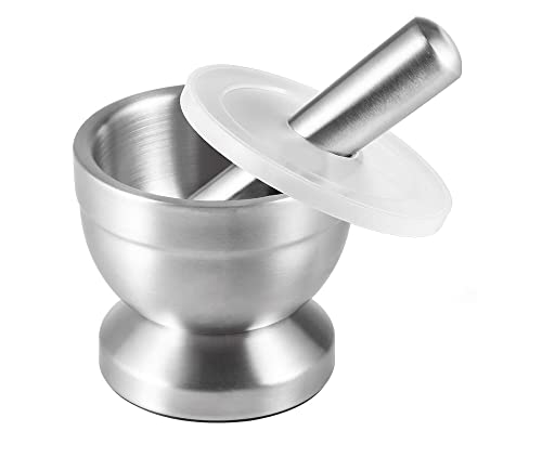 Edelstahl Mörser mit Stößel & Deckel, massiver Gewürzmörser für die Küche, Bruchfeste Kräutermühle, rutschfeste Gewürzmühle für Kräuter - Gewürze, Tabletten Zerkleiner, Tablettenmörser, Küchenhelfer von Bayli