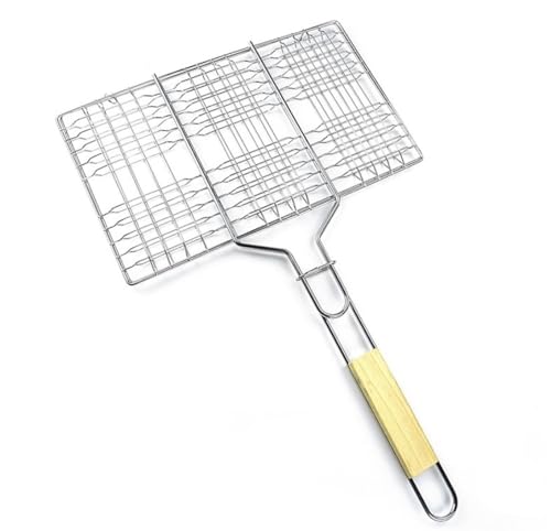 Grillguthalter mit Holzgriff | BBQ Grillkorb für Fischgemüse Steak Garnelenkoteletts | 33,5 x 20cm Grillgitter aus Metall | Gemüsekorb Burger Grillwender | Grilling Basket | Grill Rost zum Grillen von Bayli