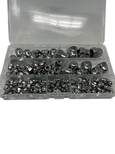 165 teiliges Set aus Hutmuttern hohe Form nach DIN 1587 rostfreier Edelstahl A2 V2A Sechskant-Hutmuttern Größen M3-M12 (165 Teile) von Bayram