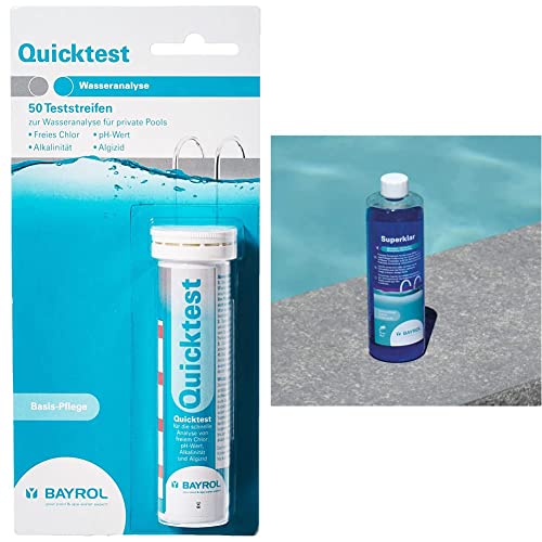 Bayrol Quicktest - 50 Pool Teststreifen zur Wasseranalyse - pH Wert - freies Chlor & 1195329 Superklar 0,5 Liter Trübungsentferner Pool Whirlpool Flockung Klarmacher, Weiß von Bayrol