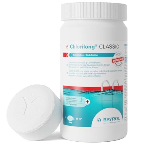 BAYROL e-Chlorilong® CLASSIC 1 kg – langsamlösliche 200 g Chlortabletten für Pool zur Dauerdesinfektion - Aktivchlorgehalt 92 % - alle Filterarten - Dosierschwimmer Pool oder Skimmer von Bayrol