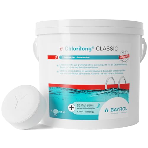 BAYROL e-Chlorilong CLASSIC 5 kg – langsamlösliche 200g Chlortabletten für Pool - Langzeit Desifnektion - Aktivchlorgehalt 92 % - alle Filterarten - Chlortabs kalkfrei & pH-neutral von Bayrol
