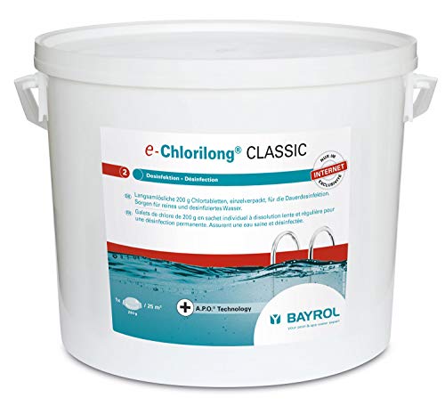 BAYROL e-Chlorilong® CLASSIC – langsamlösliche 200 g Chlortabletten zur Dauerdesinfektion - Aktivchlorgehalt 92 % - alle Filterarten - kalkfrei & pH-neutral - hygienisch reines Poolwasser - 10 kg von Bayrol