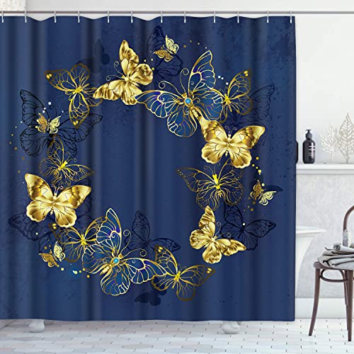 Bayson Blauer Schmetterlings-Duschvorhang, schwarze und goldene Schmetterlinge auf dunkelmarineblauem Hintergrund, Duschvorhang für Badezimmerdekoration, 183x183 cm, Set mit Haken von Bayson