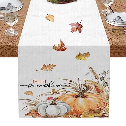 Hello Pumpkin Table Runner, Fall Leaves Autumn Maple Halloween Thanksgiving Orange Table Runners for Kitchen Coffee Table Decor Family Dinners Holiday Party Wedding Events (33 x 183 cm) von Bayson