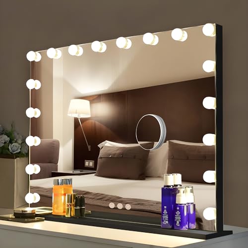 Bayt Hollywood Spiegel mit LED Beleuchtung – Schminkspiegel Schwarz 80x60 cm mit 18 dimmbaren Lampen, 3 Lichtmodi (warm, kalt, neutral), Touchscreen & 10x Vergrößerungsspiegel von Bayt