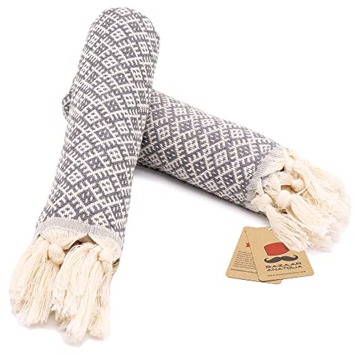 Bazaar Anatolia Türkische Handtücher für Badezimmer, 2er-Set, 99,1 x 48,3 cm, Baumwolle, Badezimmer- und dekorative Handtücher für Küche, Geschirrtuch, Tee, Yoga, Gesicht, Fitnessstudio, Ethno-Grau von Bazaar Anatolia