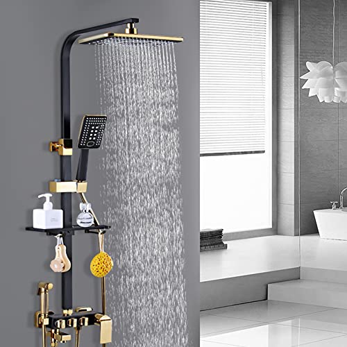 Duscharmatur Schwarz Gold Duschsystem Duscharmatur Mit Thermostat Mischbatterie Edelstahl Duschsystem Wandmontage Regendusche Duschstange mit Kopfbrause Und Hochdruck-Spritzpistole von Bazargame