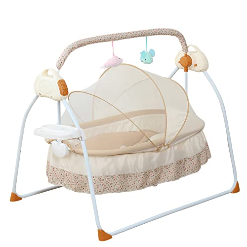 Elektrische Babybett Baby Wiege Automatische Infant Rocker Babywippe 5 Geschwindigkeiten Babyschaukel Bluetooth Schaukelstuhl mit Fernbedienung Musik Und Timer (Khaki) von Bazargame