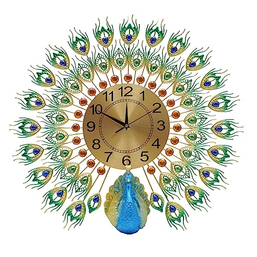 3D Wanduhr Vintage Pfau Uhr Große Wanduhren Mute Nicht Tickend Ohne Batterie 60 cm Metall Pfauenuhr Für Wohnzimmer Schlafzimmer Küche Deko von Bazargame