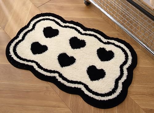 Bazasa Badematte waschbar rutschfest Weiß Schwarz Herz Lustiger Badteppich Niedliche Badematte Ultra Weiche Mikrofaser Saugfähige Bodenteppich für Dusche Wanne Schlafzimmer von Bazasa