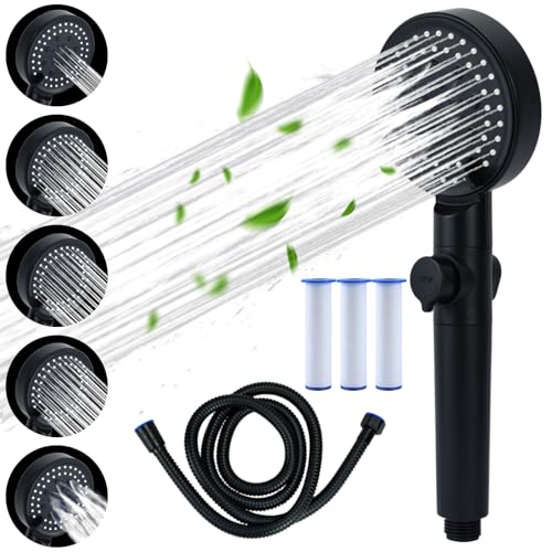 Bazasa Duschkopf mit Filter und Wasserstop Wassersparender Duschkopf mit 1.5M Schlauch Hochdruck Handbrause mit 5 Strahlarten, Schwarz von Bazasa