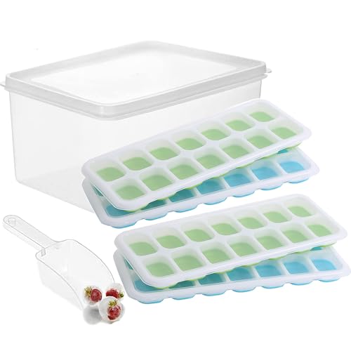 Bazasa Eiswürfelform Silikon 4 St. Eiswürfelbehälter mit Deckel Eiskübel & Schaufel 56 Fach Ice Cube Tray Silicone Beige Eiswürfel Form Eiswürfelbox Eiswürfelschalen für Getränke Bier Cocktails Whisky von Bazasa