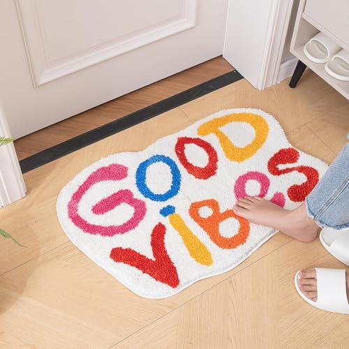 Bazasa Good Vibes Bad Teppiche Lustige Badematte mit niedlichen Worten Coole Teppiche für Badezimmer rutschfeste Mikrofaser Waschbar Saugfähige Duschmatte für Schlafzimmer Küche Wohnzimmer von Bazasa