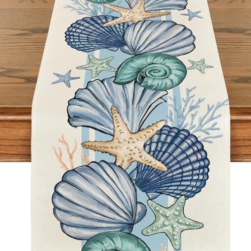 Bazasa Tischläufer Waschbare Tischdecke Seesterne Muscheln Tischläufer Modern Frühling Sommer Dekorativer Tischläufer für Esszimmer Bauernhaus Hochzeit Geburtstag Outdoor Wetterfest（weiß 33x183 cm） von Bazasa