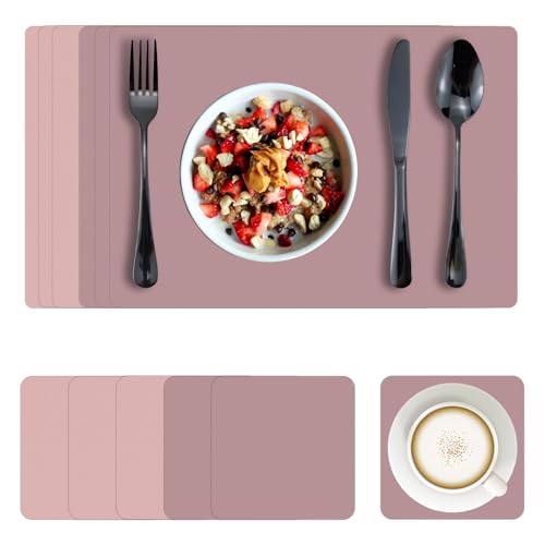 Bazasa Tischsets 6er Set Kunstleder Abwaschbar und Tischuntersetzer Hitzebeständig Doppelseitige Platzdecken rutschfest Platzset mit Untersetzer für Hause Küche Restaurant und Hotel (VioletRed&Rosa von Bazasa
