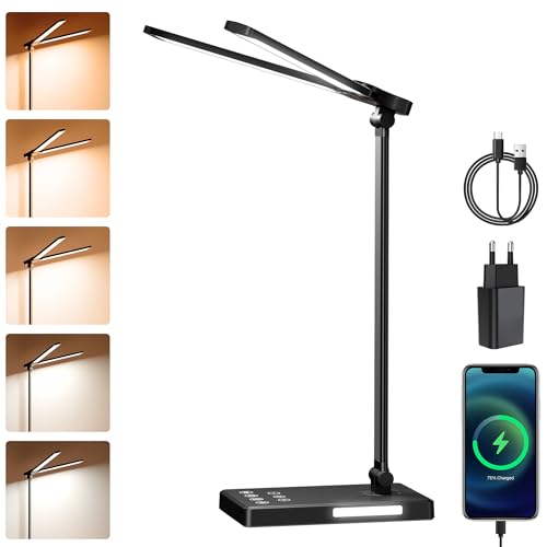 Bazcuka Dual Arm LED Schreibtischlampe Dimmbar mit Nachtlicht, Touch-Steuerung Schreibtischlicht mit Auto-Off Timer, Augenschutz Tischlampe mit USB Ladefunktion 5 Farbmodi von Bazcuka