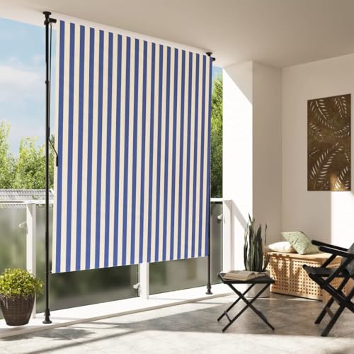 Baziroo Außenrollo Balkonrollo Vertikalmarkise Senkrechtmarkise Außen Sonnenschutz Außen Rollo Outdoorrollo Sichtschutzrollo Balkonmarkise Vertikal Sonnensegel 150x270 cmRollo Blau und Weiß Stoff von Baziroo