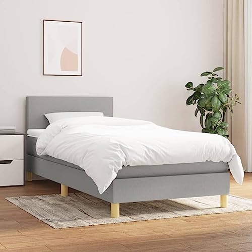 Baziroo Boxspringbett mit Matratze Stoff Boxbett Taschenfederkernmatratze Double Bed Schlafzimmermöbel Upholstered Bed Polsterbett mit Matratze Hotelbett Schlafzimmerbett Hellgrau 100x200cm von Baziroo