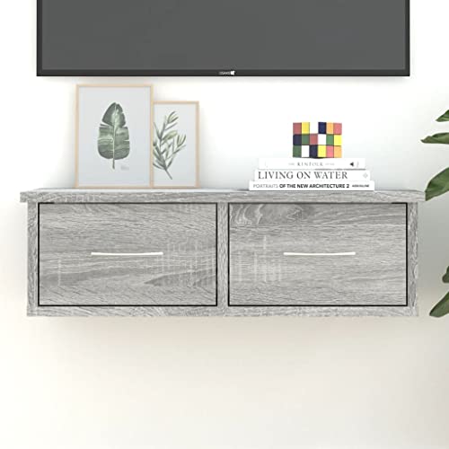 Baziroo Schweberegal Ausstellungsregal Küchenregal Schubladenregal Hängeregale mit 2 Schubladen Möbel für Wohnzimmer Schlafzimmer oder Bad Platzsparendes Design Grau Sonoma 60x26x18,5 cm von Baziroo