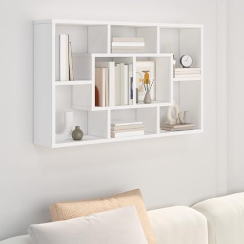 Baziroo Wandregal Weiß Bücherregal Holz Hängeregal Regale für Wände Wohnzimmer Schweberegal Mit 8 Fächern Schweberegal Viel Stauraum 85x16x52,5 cm von Baziroo