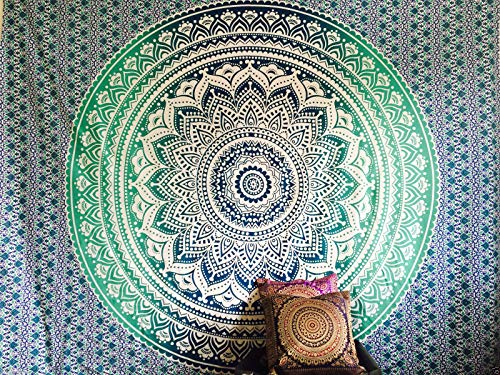 Bazzaree Indischer Mandala-Wandbehang, Ombre, Baumwolle, Türkis, Einzelbett, 203,2 x 137,2 cm von Bazzaree
