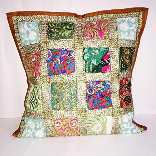 Bazzaree Indischer handgefertigter dekorativer quadratischer traditioneller Bodenkissenbezug, Patchwork/Bestickt, Vintage-Stil, 61 x 61 cm, Braun von Bazzaree