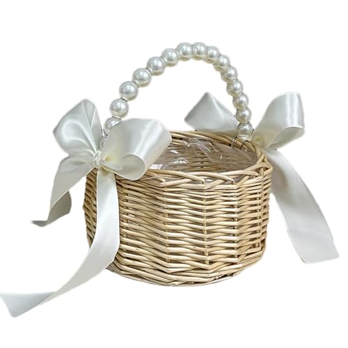 Blumenmädchenkorb mit Perlengriff, Blumenkorb für Hochzeitsblumen, Blumenkorb aus Kunstseide mit schöner Schleife mit Perlengriff, Blumenkorb aus Weide und Rattan Blumenmädchenkorb mit Perlengriff, Blumenkorb für Hochzeitsblumen, Blumenkorb aus Kunstseide mit schöner Schleife mit Perlengriff, Blumenkorb aus Weide und Rattan von Bbbabeslk