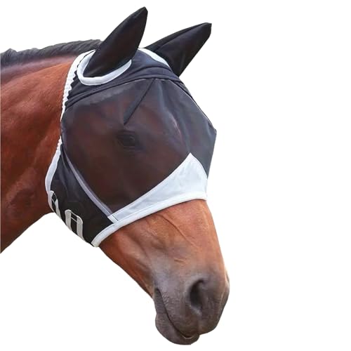 Fliegenmaske Pferd mit Ohrenschutz & Elastizität, Uv-Beständig, Atmungsaktive Fliegenhaube Pferd Cob Größe L (Schwarz) von BbiuRer
