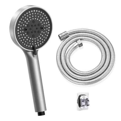 Hochdruck Duschkopf mit Schlauch 2m, Wassersparender Handbrause mit 5 Strahlarten (Relaxation Version), Duschkopfhalterung Ohne Bohren, Duschbrause mit Antikalk-Funktion, runde Duschbrause (120 mm) von BbiuRer