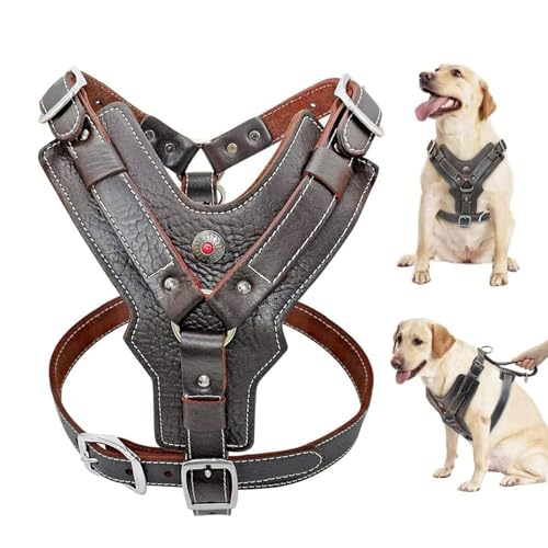 Bceer Strapazierfähiges Hundegeschirr Für Große Hunde Echtes Ledergeschirr Hundetrainingsweste Mit Schnellverstellgriff Für Labrador Pitbull(Size:XL) von Bceer