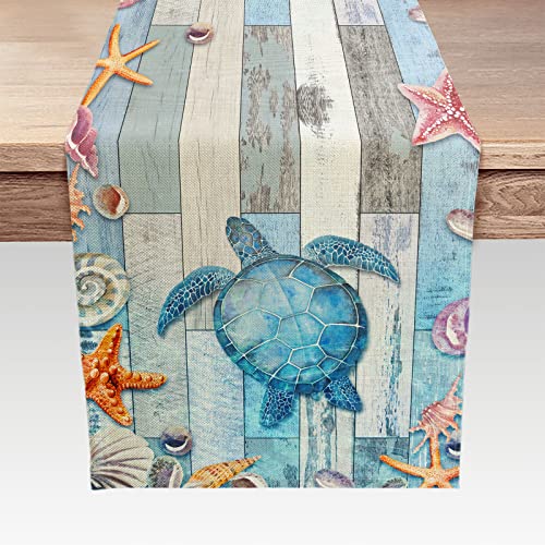 Farmhouse Tischläufer mit Schildkröte, Sommer, 33 x 183 cm lang, Kommodenschals, blauer Retro-Tischläufer aus Scheunenholz, Strandthema, Muscheln, Seestern-Tischläufer für Couchtisch, Events, von Bcsewcg
