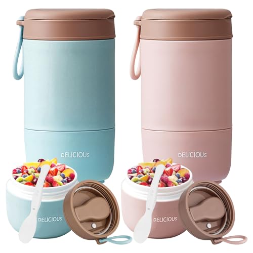 2 Stück Müslibecher To Go mit Deckel, 730ml PP-Material Porridge Becher Joghurtbecher to Go mit Löffel, Müsli Cup to Go Becher, Doppelschicht Auslaufsicherer Einmachgläser Perfekt für Arbeit, Schule von Bcuuozeeing