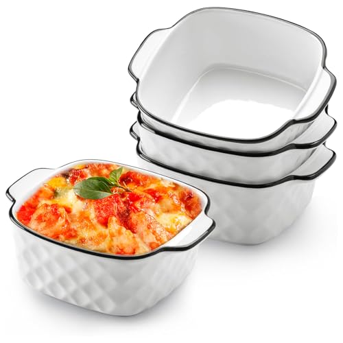 400ML Keramik Auflaufform 4er Set, 14,5 x 11,5 x 5,5 cm Quadratische Backformen, Kleine Auflaufform für Fritteuse, Keramik Backformen mit Griffen für Heißluftfritteuse, Backofen, Mikrowellen von Bcuuozeeing