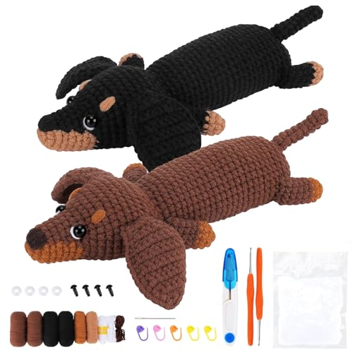 Bcuuozeeing Häkelset für Anfänger, 2 Stück Häkeln Tier Kit Komplett Dackel Hund Häkeln mit Garn Haken Nadeln und Videoanleitungen, Praktische Häkelnadel Set Geschenk (A) von Bcuuozeeing