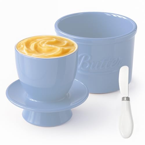 Butterdose Keramik, Butterglocke Keramik mit Buttermesser, Französische Butterdose mit Deckel, Butterdose Wassergekühlt mit Wasserlinie, Butterdose Porzellan für Frische und Streichfähige Butter, Blau von Bcuuozeeing