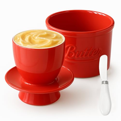 Butterdose Keramik, Butterglocke Keramik mit Buttermesser, Französische Butterdose mit Deckel, Butterdose Wassergekühlt mit Wasserlinie, Butterdose Porzellan für Frische und Streichfähige Butter, Rot von Bcuuozeeing