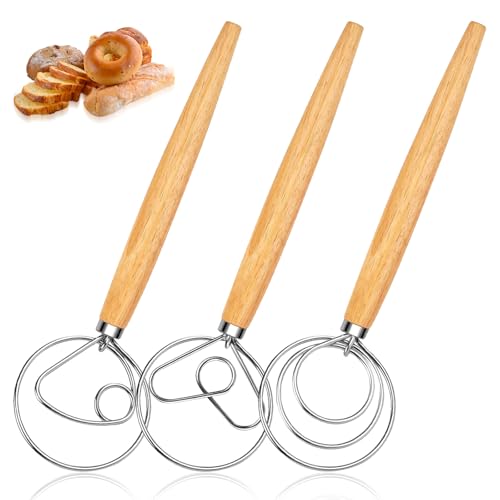 3 Stück Dänischer Schneebesen - 13 Zoll Dänischer Teigbesen mit Holzgriff, Dänische Teig Schneebesen, Teigrührer, Teigkneter, Teigmischer, Brotbackzubehör für Backen, Brot, Sauerteig, Gebäck, Satz A von Bcuuozeeing