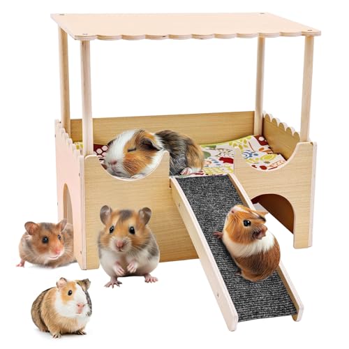 Meerschweinchen Versteck Groß 15x14x9.3in, Holz Meerschweinch Haus mit Rampe für Zwerg Hamster Rennmäuse Stachelmäuse Kaninchen Kleine Haustiere von Bcuuozeeing