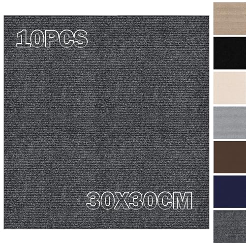 Selbstklebende Teppichfliesen 30x30cm Selbstliegend - 10 Stück Set - 0.9m² - Teppichboden, Teppich Fliesen mit Rückendeckung, Teppich Bodenbelag zum Zuschneiden für Büro, Wohnung, Gewerbe, Dunkelgrau von Bcuuozeeing